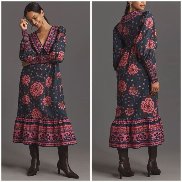 Farm Rio x Anthropologie Puff-Sleeve V Neck Midi Dress Size Small Floral New - Picture 1 of 14